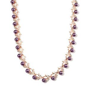 Women's Purple Color Shell Pearl and White Crystal Necklace in Rosetone